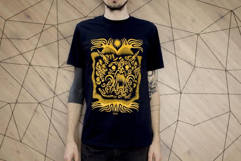 Maglia Ruco — serigrafia artistica a un colore su cotone, arte indossabile stampata a mano a Bergamo da Corpoceleste